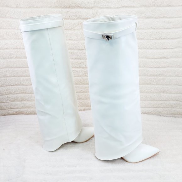 Paris White Skirted Fold Over 3.5" Block Heel Knee High Boots - Picture 2 of 9